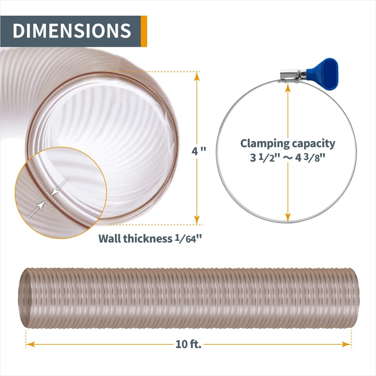 POWERTEC 4"x10' Flexible PU Dust Collection Hose with Screw End Quick Coupler & 5pcs Stainless Steel Key Hose Clamps for Table Saw, Band Saw, Planer, Jointer & WoodShop Dust Collection System (70329)