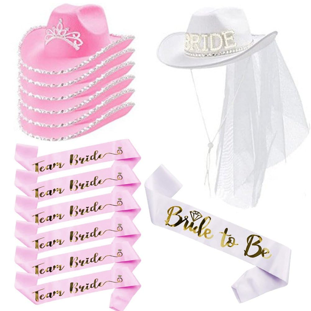 Dianzan Hen Party Accessories 14pcs Bride Cowboy Hat with Veil & Sash Set Wide Brim Cowgirl Hat & Sash Set Wedding Party Props