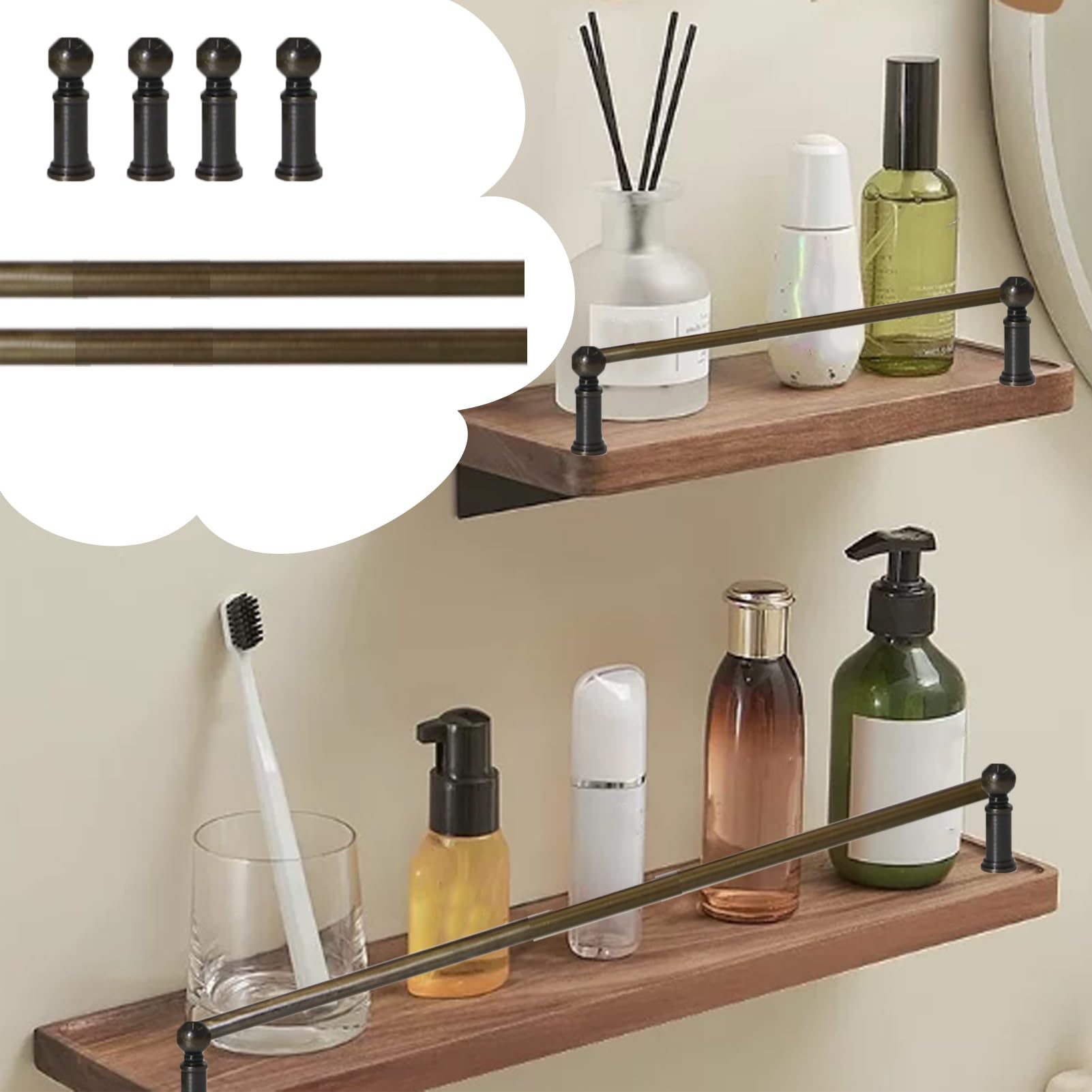 Antique Brass Gallery Rail Kit for Shelves, 2 Pack Shelf Guard Rails 12 inch 16 inch 24 inch, Vintage Decorative Shelf Rail Fence Pole Set with Spindle(Style B,45inch/114.3cm)