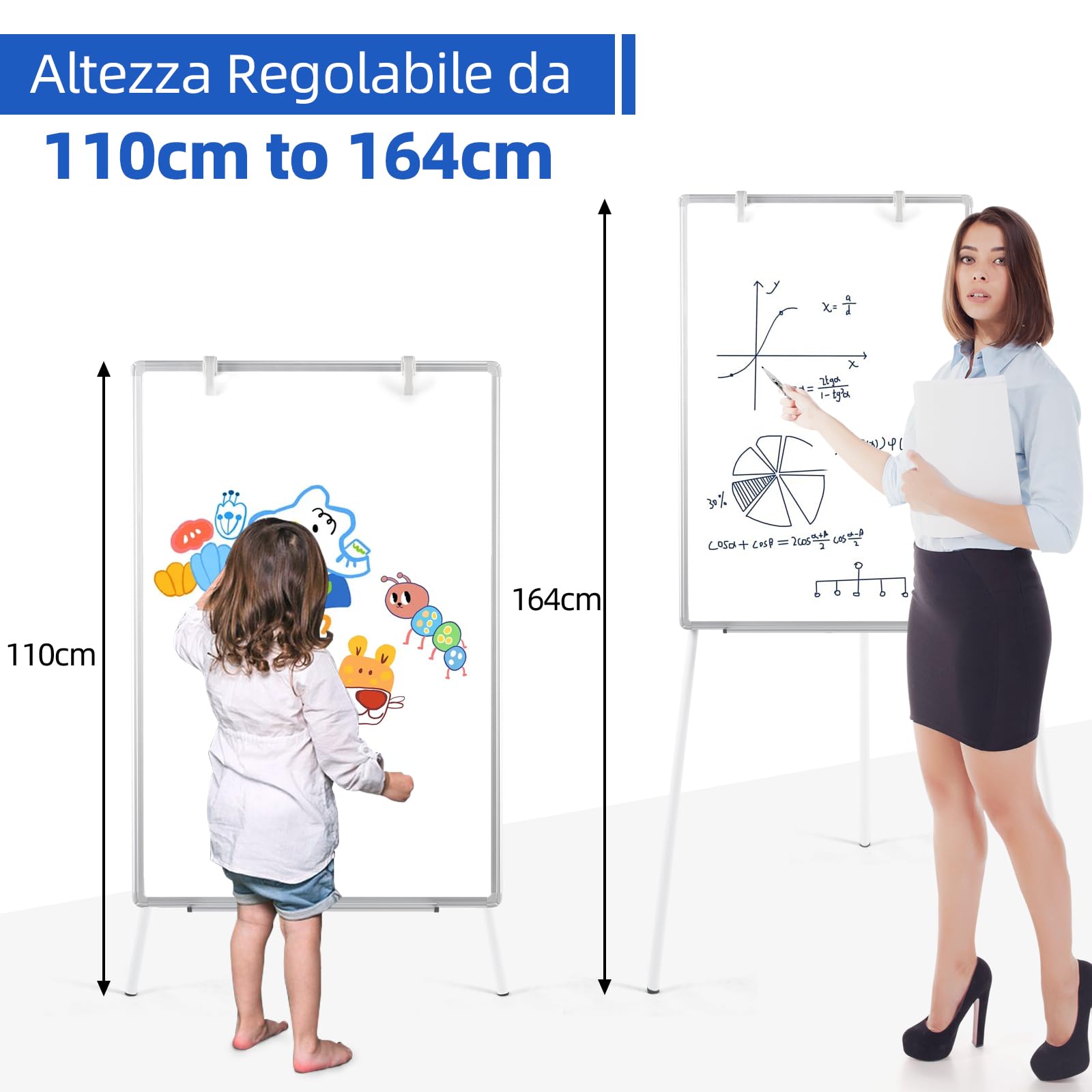 DOLLAR BOSS Supporto per lavagna a fogli mobili 90x60cm, lavagna bianca con supporto, lavagna bianca magnetica, regolabile in altezza, telaio in alluminio