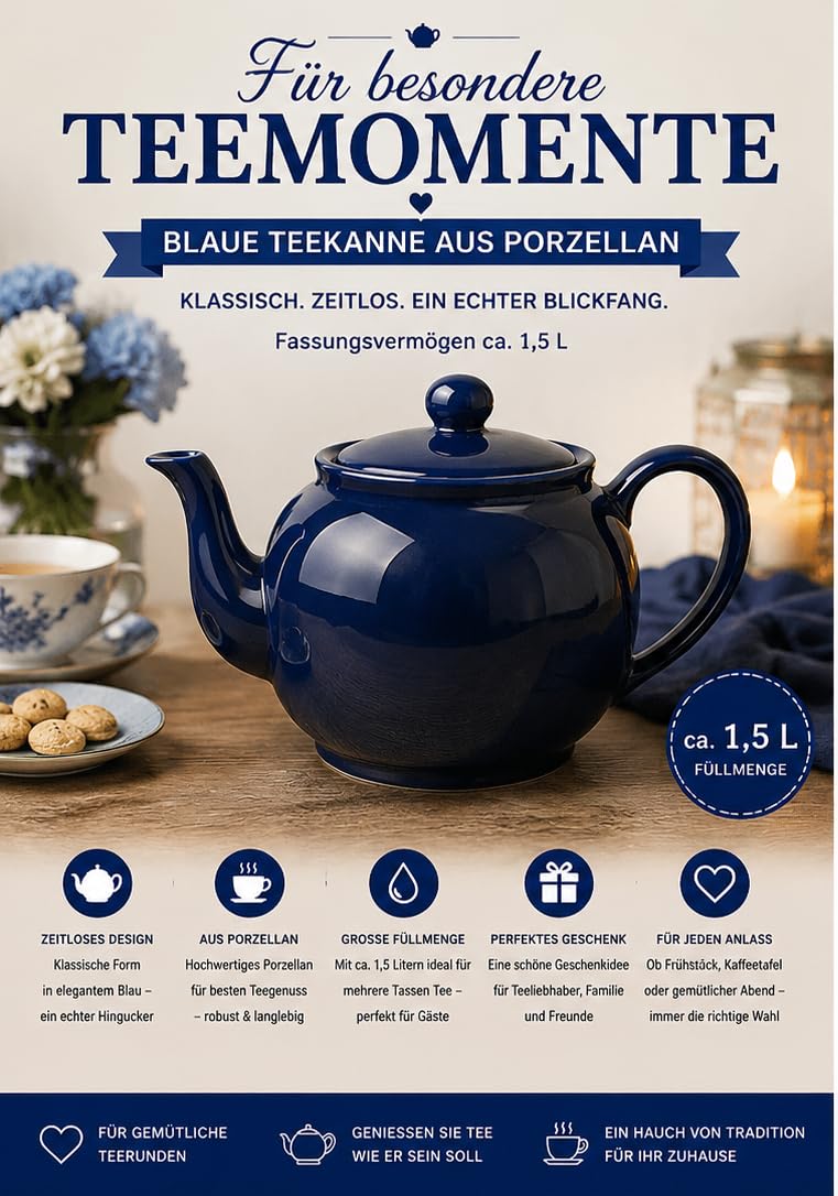 Teekanne aus Porzellan 1,5 Liter – Klassische Porzellankanne in Rot, Grün oder Blau – Leichte Teekanne mit moderner Farbgebung – Handlich, langlebig & spülmaschinengeeignet (Blau)