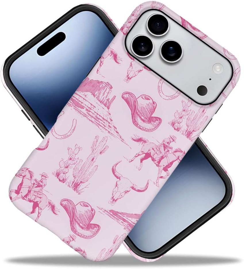 DAIZAG Case Compatible with iPhone 17 Pro Max,Fit Shockproof Cover for Women Girls,Vintage Pink Cowboy Hat Horses Cacti - Image 2