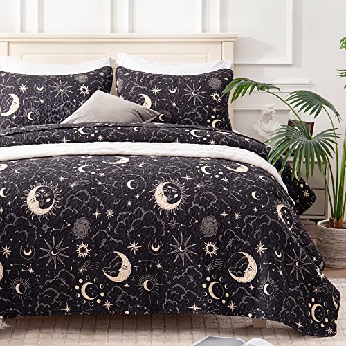 EXQ Home Quilt Set King Size Black Print 3 Piece,Lightweight Soft Coverlet Modern Style Sun Starry Pattern Bedspread Set(1 Quilt,2 Pillow Shams)