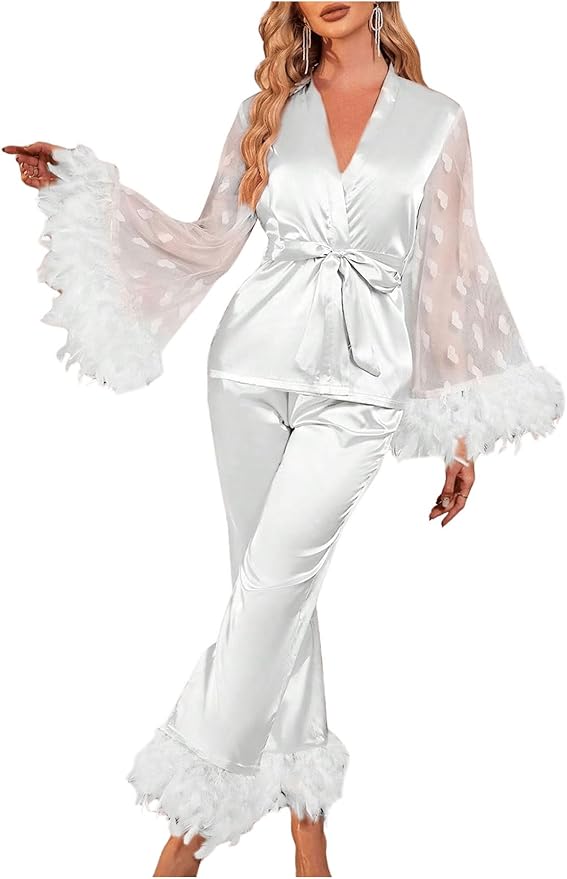 OYOANGLE Women's 2 Piece Pajama Set Satin Contrast Mesh Feather Trim Silk Long Sleeve Belted Top and Pants Lounge Sets