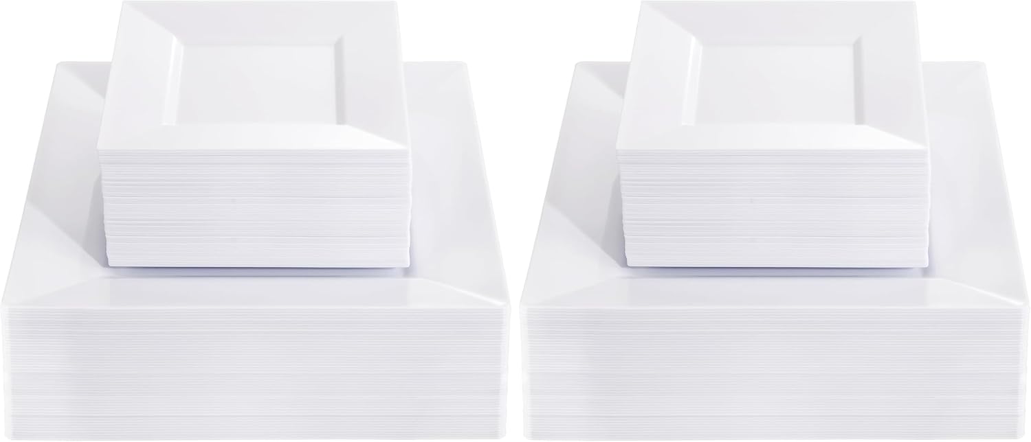 Liacere 100PCS White Square Plastic Plates - 50PCS Heavy Duty 9.5inch Dinner Plates and 50PCS 6inch Dessert Plates - Durable Fancy White Disposable Plates for Party & Wedding (Pack of 2)