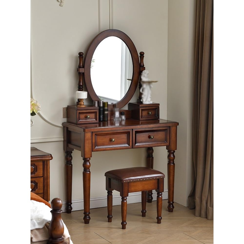 AOTPA Kosmetikspiegel mit Lichtern und Tischset Schminktisch aus Holz, Schlafzimmer, Landhausstil, Schminktisch mit Aufbewahrungsschrank Teenie-Waschtisch mit Spiegel und Hocker