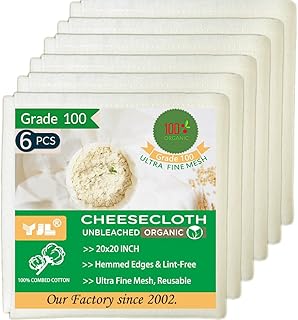 Organic Cheese Cloths, Grade 100 Extra Ultra Fine Mesh with Hemmed Edges, 6 Pack 20x20 Inch 100% Unbleached Cotton Reusable cheesecloth for Straining, Cooking, Cheese Making, Roasting, Crafting