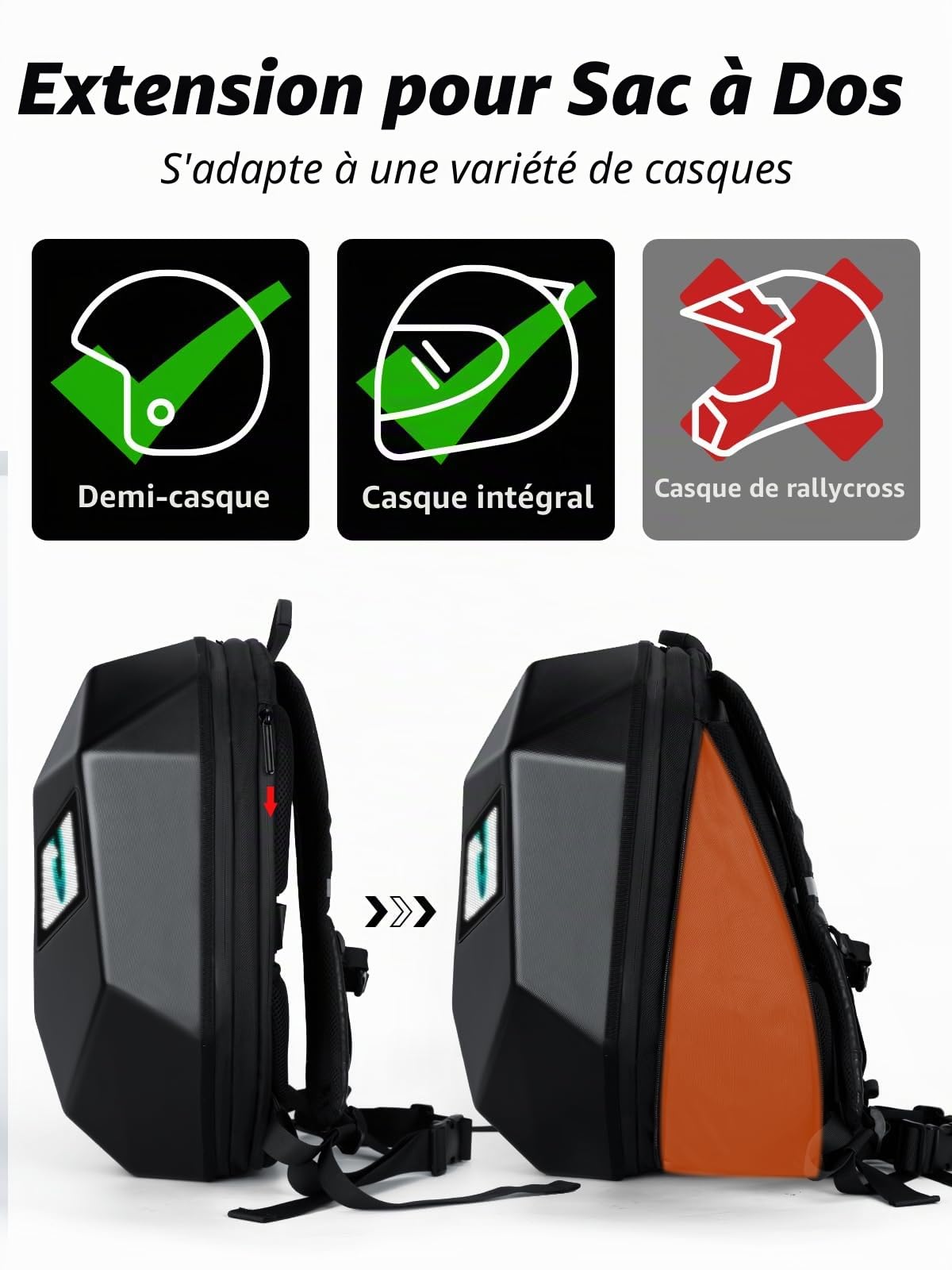 Gelrova Sac à dos pour Casque de Moto, 3D Hard Sac à dos Programmable Pour Moto, Dynamique, application, étanche, compatible avec les systèmes iOS/Android, écran LED, texte/image/animation GIF