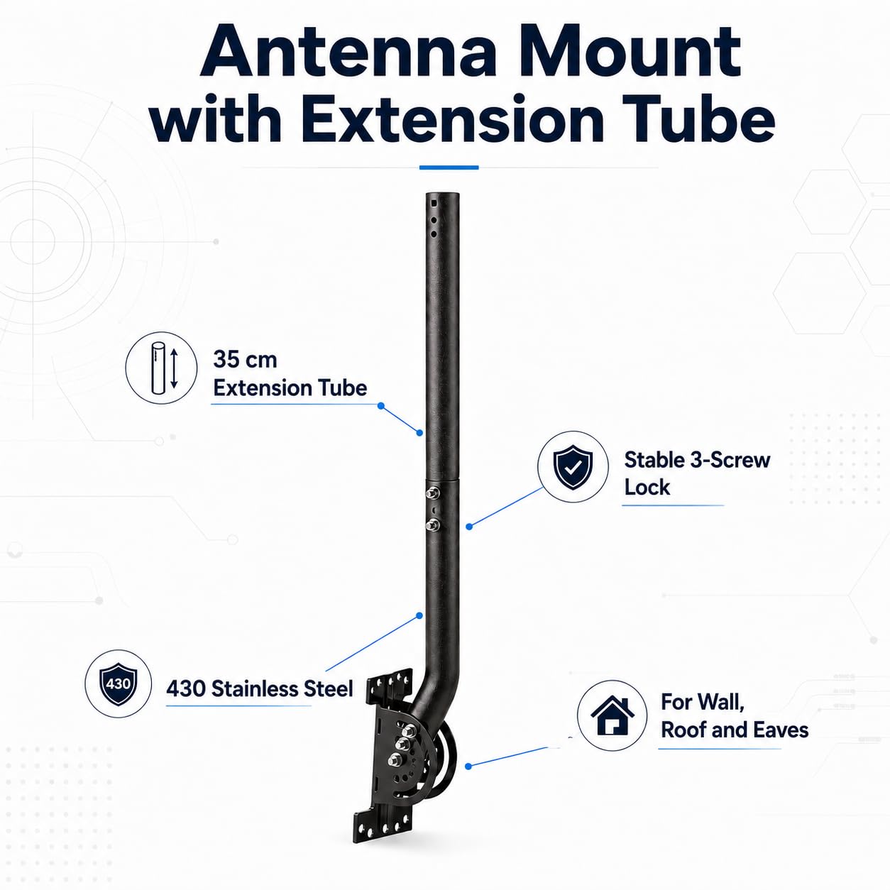 Kit Support d’Antenne Mural 33 cm avec Tube d’Extension 35,5 cm, Mât en J Réglable, Fixation Extérieure Noire pour Antenne TV, Pont WiFi, Point d’Accès, Station Météo