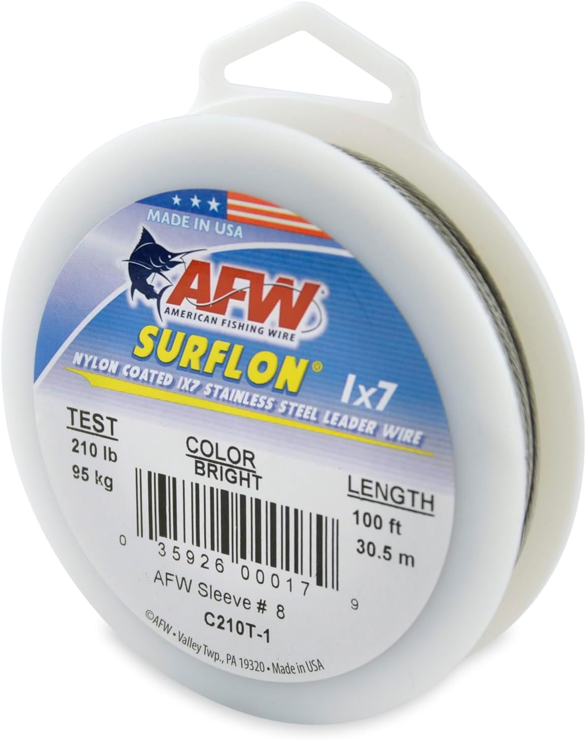 American Fishing Wire Surflon Nylon Coated 1x7 Stainless Steel Leader Wire - Fishing Leader Line for Saltwater, 10lb Test - 250lb Test in Bright, Black, Camo in 30ft, 100ft, 300ft and 1,000ft Lengths