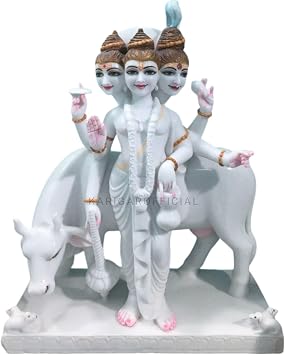Marble Dattatreya Statue Sculpture with Cow, Large 24 inches Murti, Beautiful Hand Carved 3 Face Trinity Hindu Religious Home Temple Housewarming Gifts