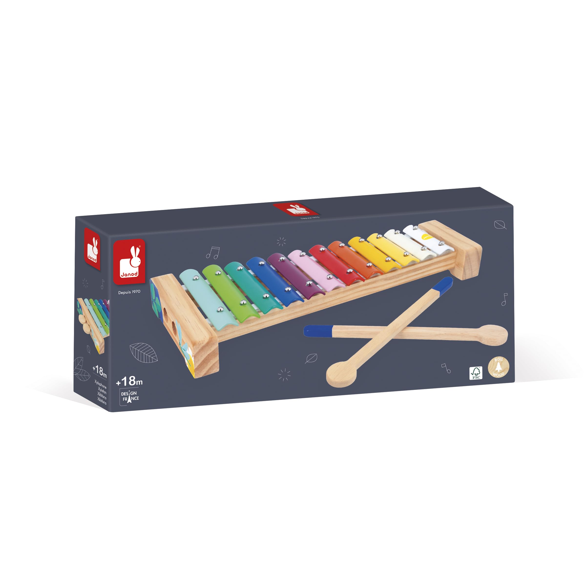 Janod, Wood and Metal Xylophone, Musical Instrument for Children, 12 keys and 2 mallets included, Musical Imitation Toy - Image 4
