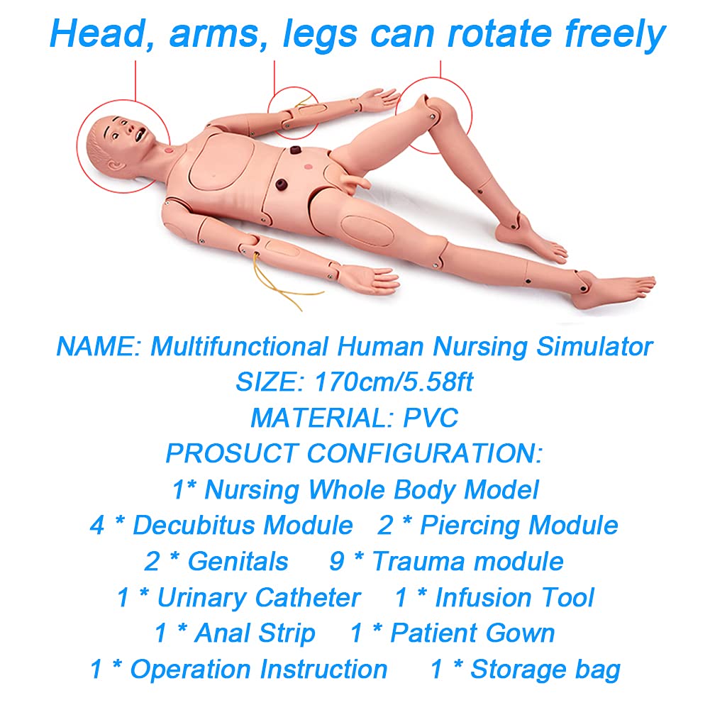 Multifunktions Pflegepuppen 170cm Männchen Erste Hilfe Krankenpflege Pflegepuppe Ausbildung Modell mit Austausch Genitalien & Kleider & Dekubitus Modul & Trauma Modul & Aufbewahrungstasche