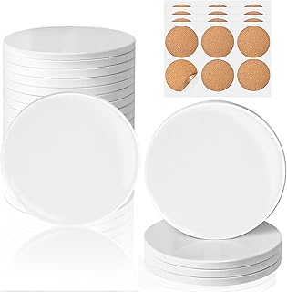 24 Pieces Sublimation Coasters, GOH DODD Glossy Ceramic Tiles Glazed Blanks with Cork for DIY Alcohol Ink Heat Transfer Painting Housewarming Gifts Wedding Arts Crafts School Education, Round, 4 Inch