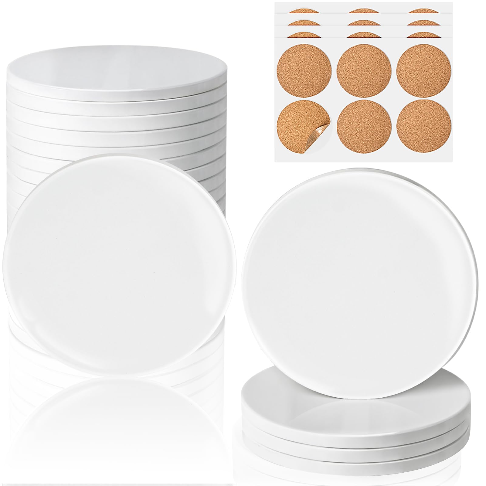 Photo 1 of 24 Pieces Sublimation Coasters, GOH DODD Glossy Ceramic Tiles Glazed Blanks with Cork for DIY Alcohol Ink Heat Transfer Painting Housewarming Gifts Wedding Arts Crafts School Education, Round, 4 Inch