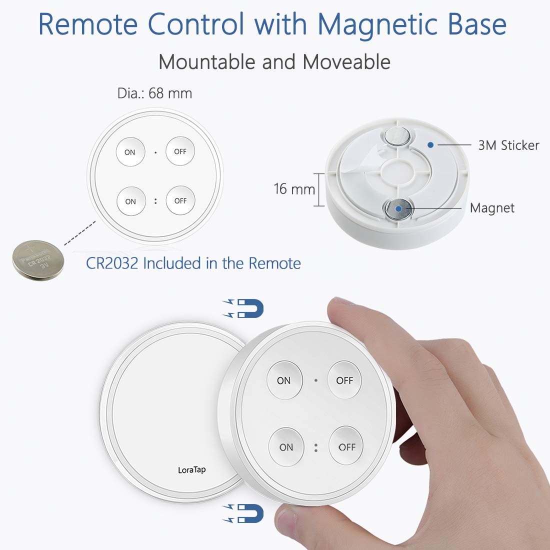 Diagram showing the magnetic base of the remote control and CR2032 battery