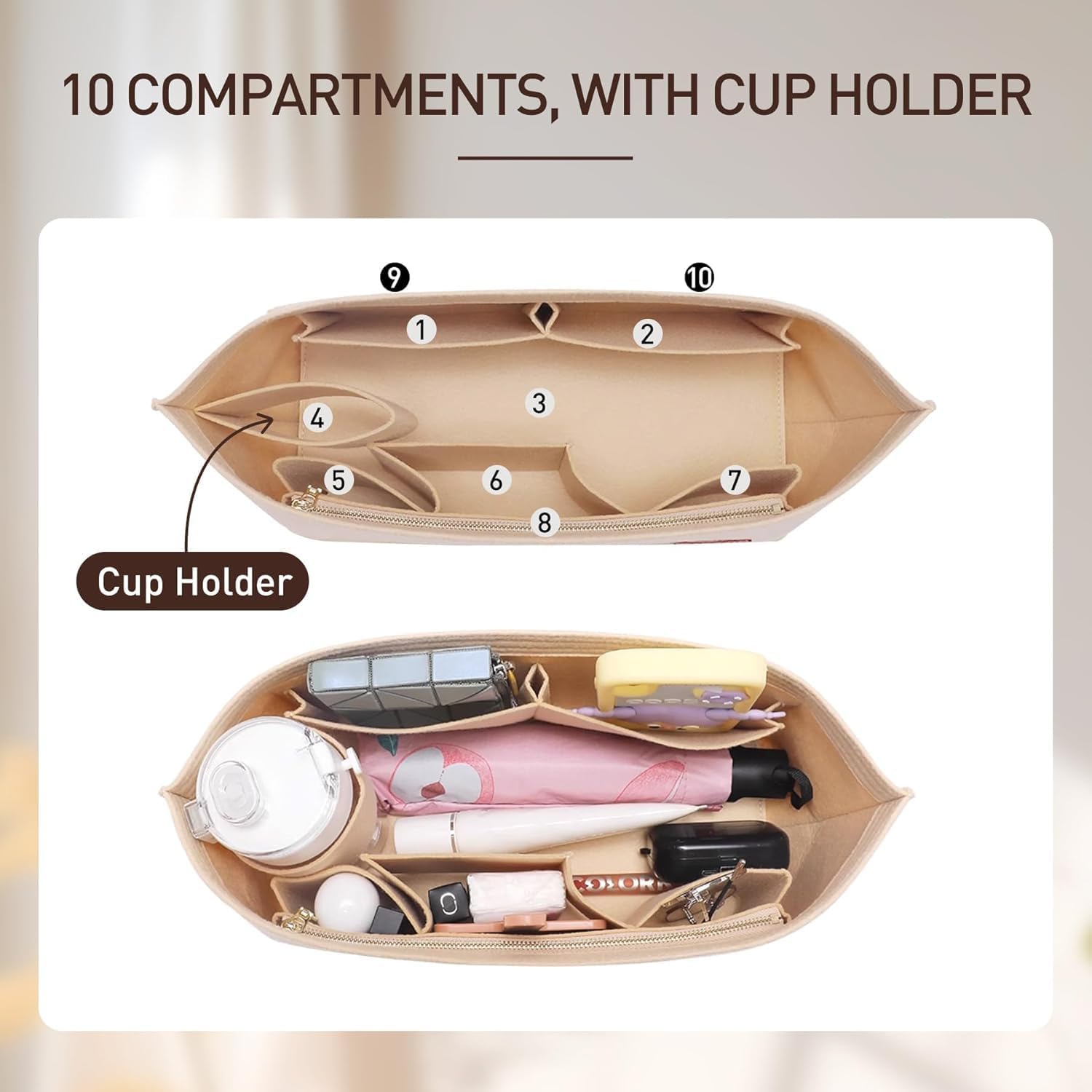 Purse Organizer Insert Compatible with Neverfull GM and More, Felt Zipper Bag Insert Liner with Base Shaper for Women Tote Handbags, Beige, XL - Image 5