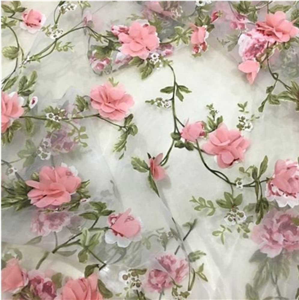 Tong Gu Lace Fabric Organza 3D Pink Chiffon Rose Floral Embroidery Wide 55 in (Pink, Length 3 m/118 in)