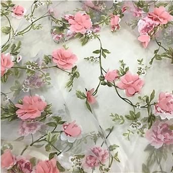Tong Gu Lace Fabric Organza 3D Pink Chiffon Rose Floral Embroidery Wide 55 in Pink, Length 3 m/118 in