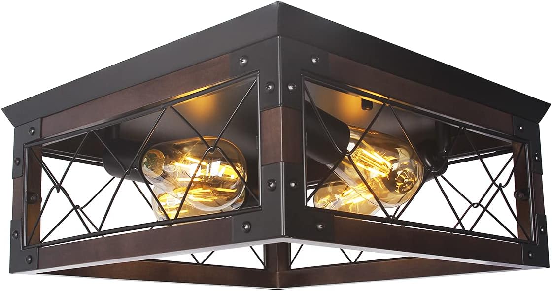Insfashble Farmhouse Recessed Wood Ceiling Light, Black Metal Square Antique Recessed Ceiling Light for Bedroom ,Kitchen, Dining Room, Living Room, Entrance,with 4 E26 Sockets