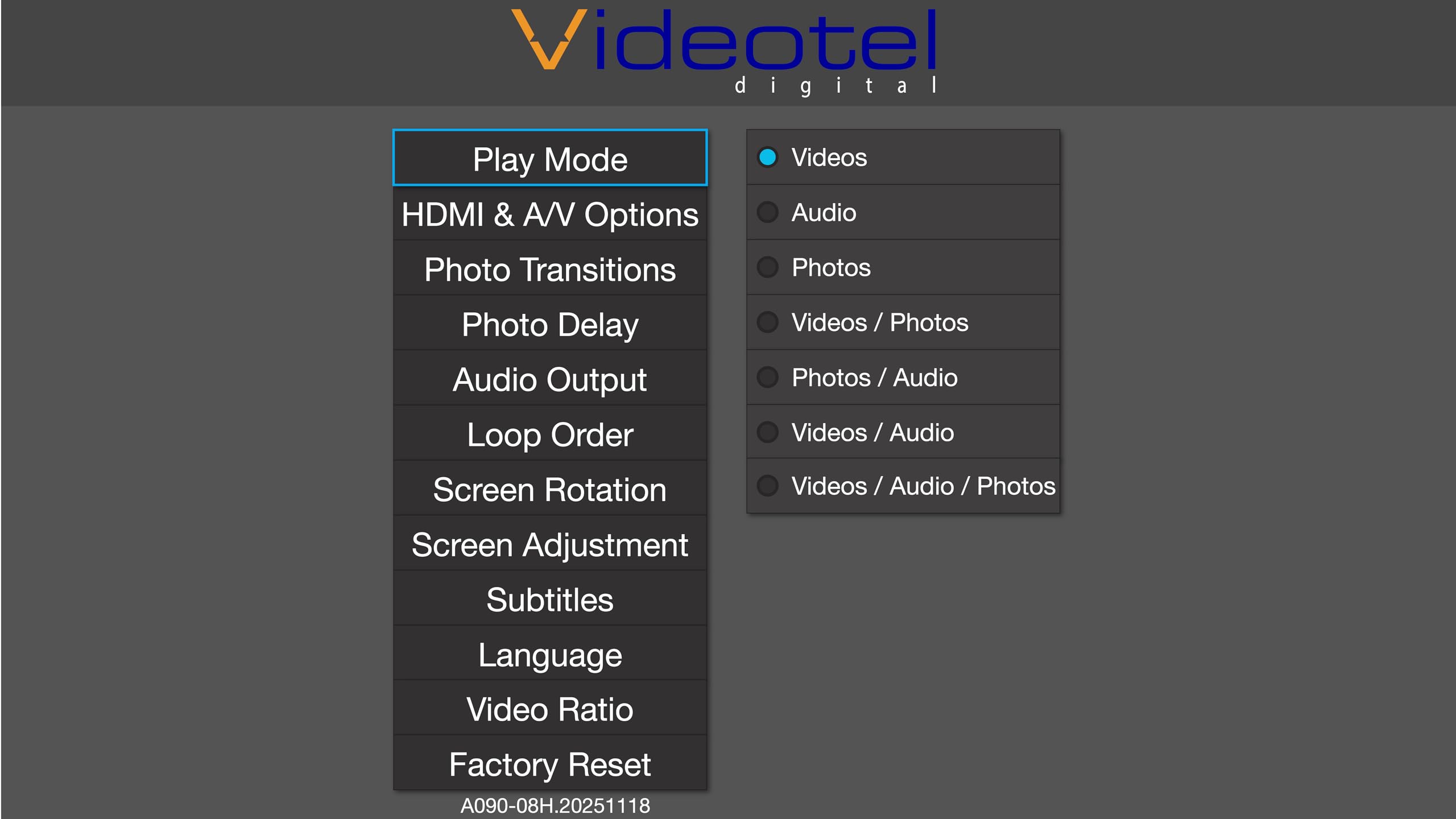 VP70 4K Videotel Digital Industrial Grade Auto Looping Digital Signage Media Player für robuste Nutzung. Automatisches Einschalten, automatische Wiedergabe und automatische nahtlose Loops Videodateien