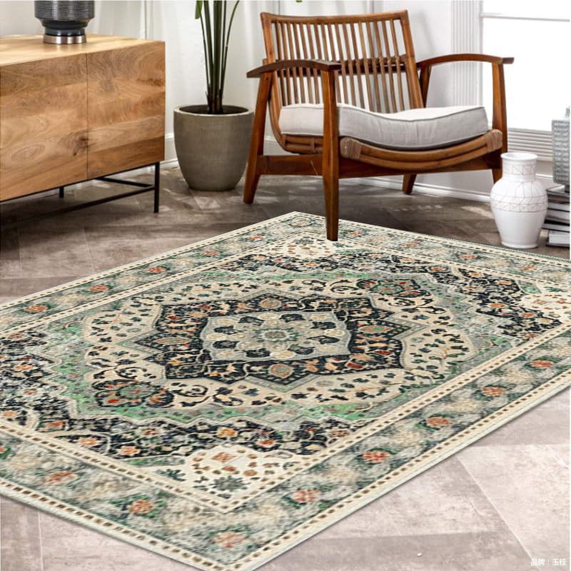 Poowe Alfombra verde floral lavable, estilo bohemio, elegante, diseño desgastado, no desprende pelusa, fácil cuidado, ideal para zonas de alto tráfico en sala de estar, dormitorio, oficina, cocina,