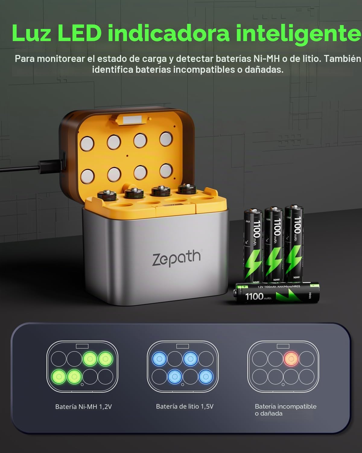 Cargador híbrido Li-Ion/NI-MH con 8 Pilas AAA Recargables NI-MH, 1100 mAh de Alta Capacidad 1,2 V AAA, 8 Cargadores para baterías AA/AAA, Caja de Almacenamiento de Carga LED integrada