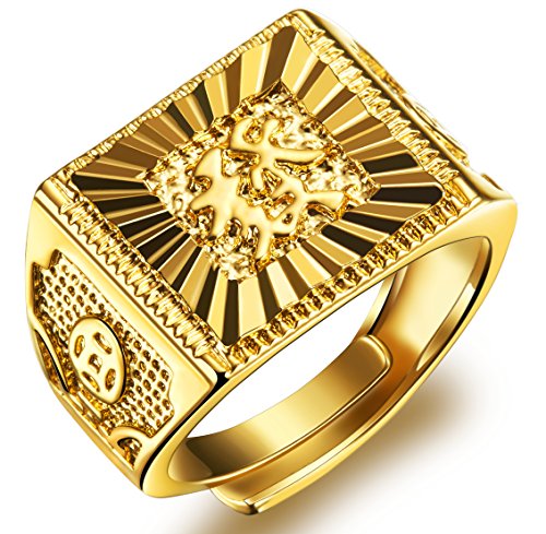 ALPS Men's Gold Ring 18K Gold Plated Luxurious Shiny DO NOT Fade Golden Rich Ring Size Adjustable (Gold Ring Wealth)