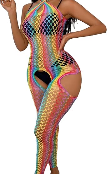 Women Sexy Cosplay Colorful Rainbow Striped Fishnet Mini Dress Bodysuit Teddy Babydoll