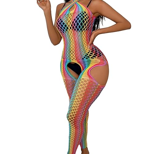 SEXYTINE Women Sexy Cosplay Colorful Rainbow Striped Fishnet Mini Dress Bodysuit Teddy Babydoll - Rainbow 01