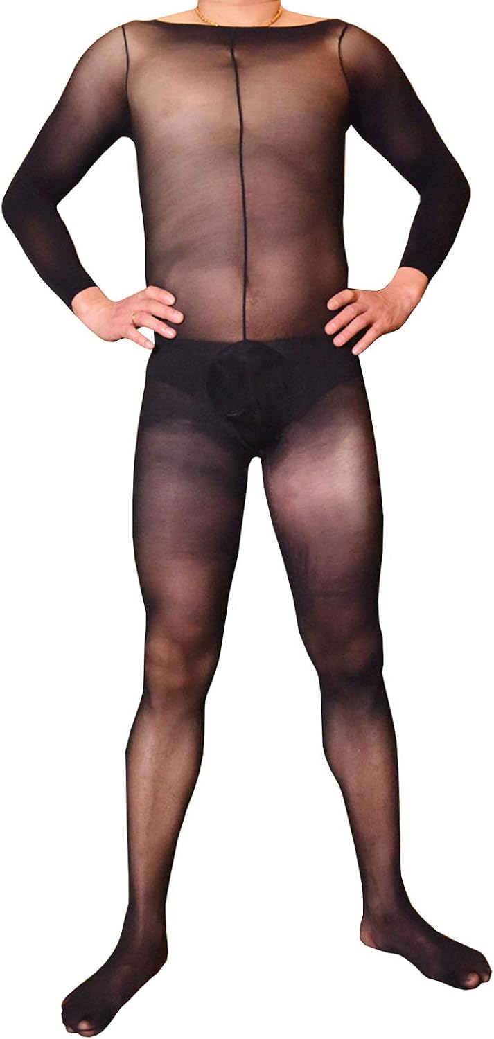 leesuo Men's Sexy Plus Size 3D Velvet Sheer Full Bodystocking High Elastic Silky Sheer Bodysuit Catsuit with Sheath