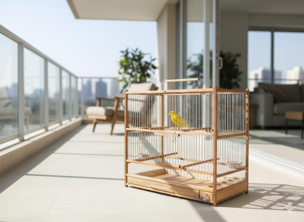 Grande cage à oiseaux en bois fabriquée à la main, plateau coulissant, plexiglas