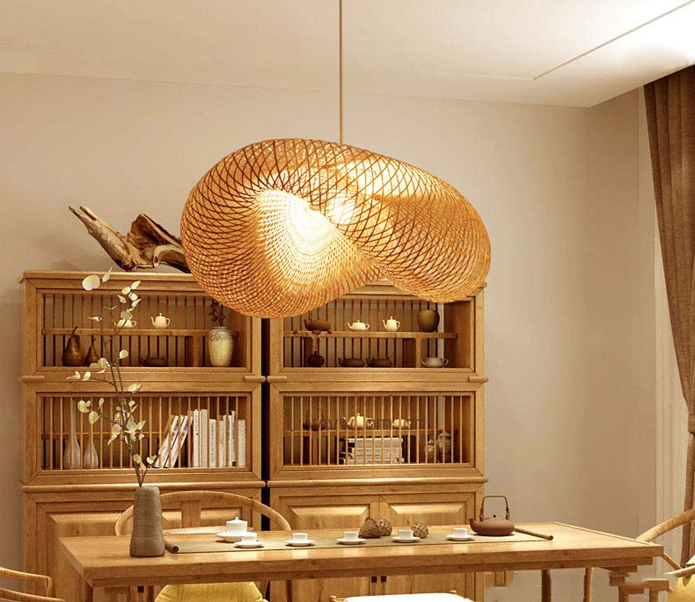 CHENKUI Pantalla De Lámpara De Estilo Geométrico De Araña Arte De Bambú Moderno 1 Luz, Lámpara Colgante De Techo De Ratán Tejido Accesorios De Iluminación De Techo De Decoración Nido De Pájaro Mimbre