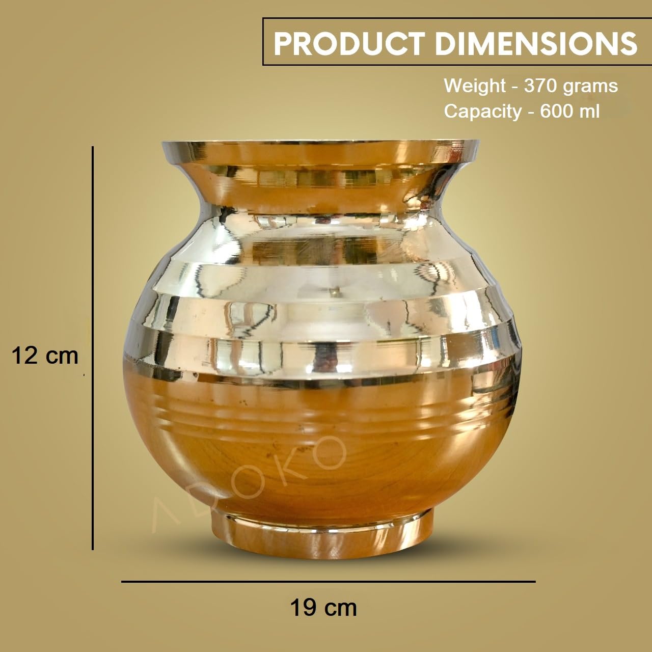 Adoko 600ML Brass Shubh Lota for Pooja | Rust-Resistant BPA-Free Non-Toxic Peetal Kalash for Rituals Water Storage & Daily Use 2