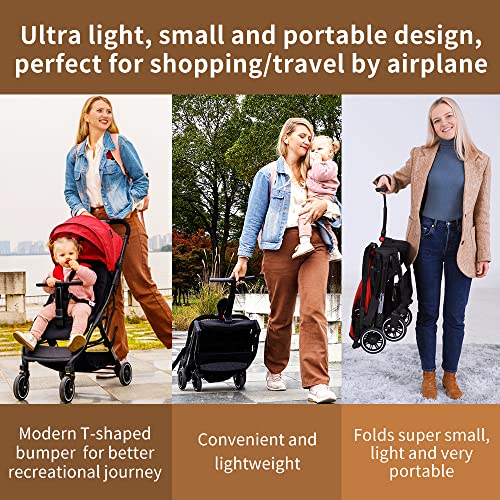Lightweight Travel Stroller - Compact Umbrella Stroller For Airplane, One-Hand Folding Baby Stroller, Newborn Infant Stroller W/Adjustable Backrest/Footrest/Canopy/T-Shaped Bumper (Red) #TOP1