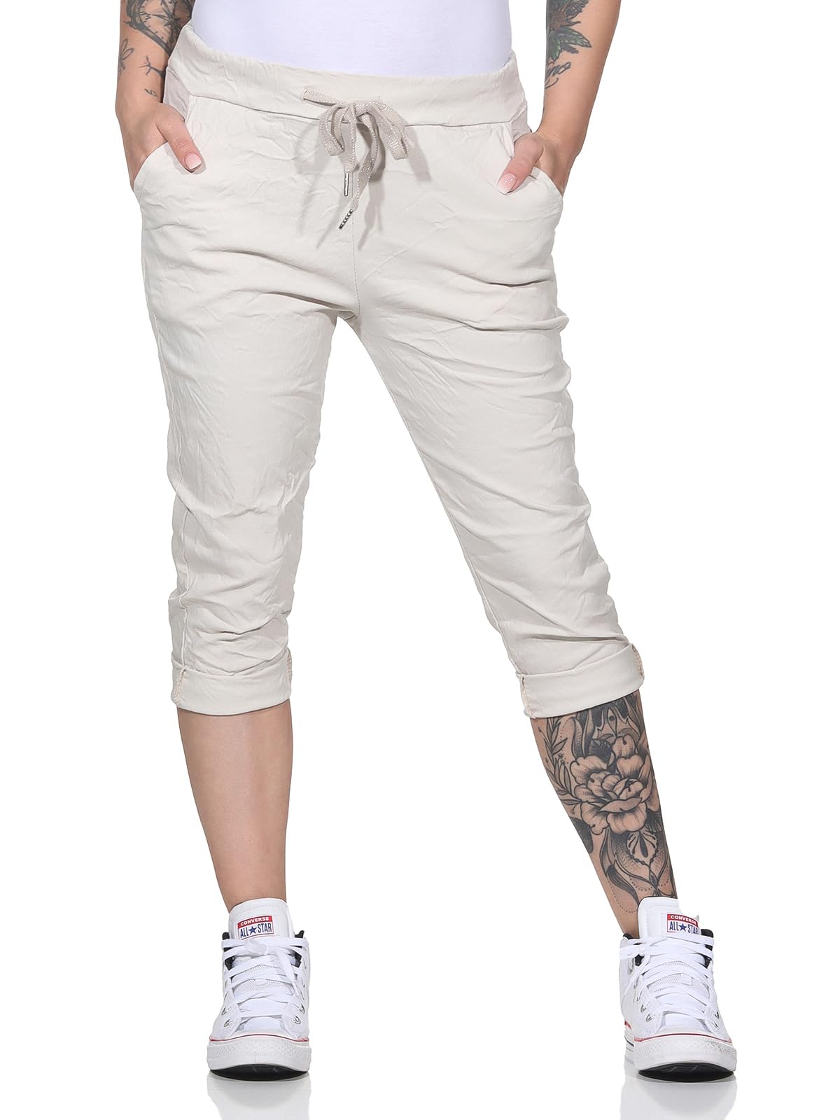 simaranda Damen Capri Hose Sommer Stretch Jogger | Bermuda 3/4 Shorts mit Kordelzug | Bequeme Stoffhose Einheitsgröße Gr. 34-40 | Casual Slip-On Freizeithose gekrempelt in 6 Farben 8264