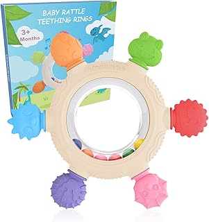 Yoolane Beißring Baby, Beißspielzeug aus Silikon, Baby Spielzeug ab 3 6 9 12 Monate, Dinosaurier Beissring mit Rassel, Zahnungshilfe BPA-frei, Geschenke Geburt Neugeborene Junge und Mädchen
