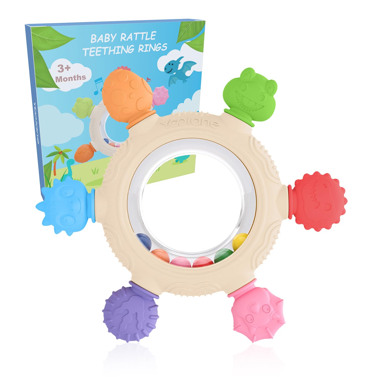 Yoolane Beißring Baby, Beißspielzeug aus Silikon, Baby Spielzeug ab 3 6 9 12 Monate, Dinosaurier Beissring mit Rassel, Zahnungshilfe BPA-frei, Geschenke Geburt Neugeborene Junge und Mädchen