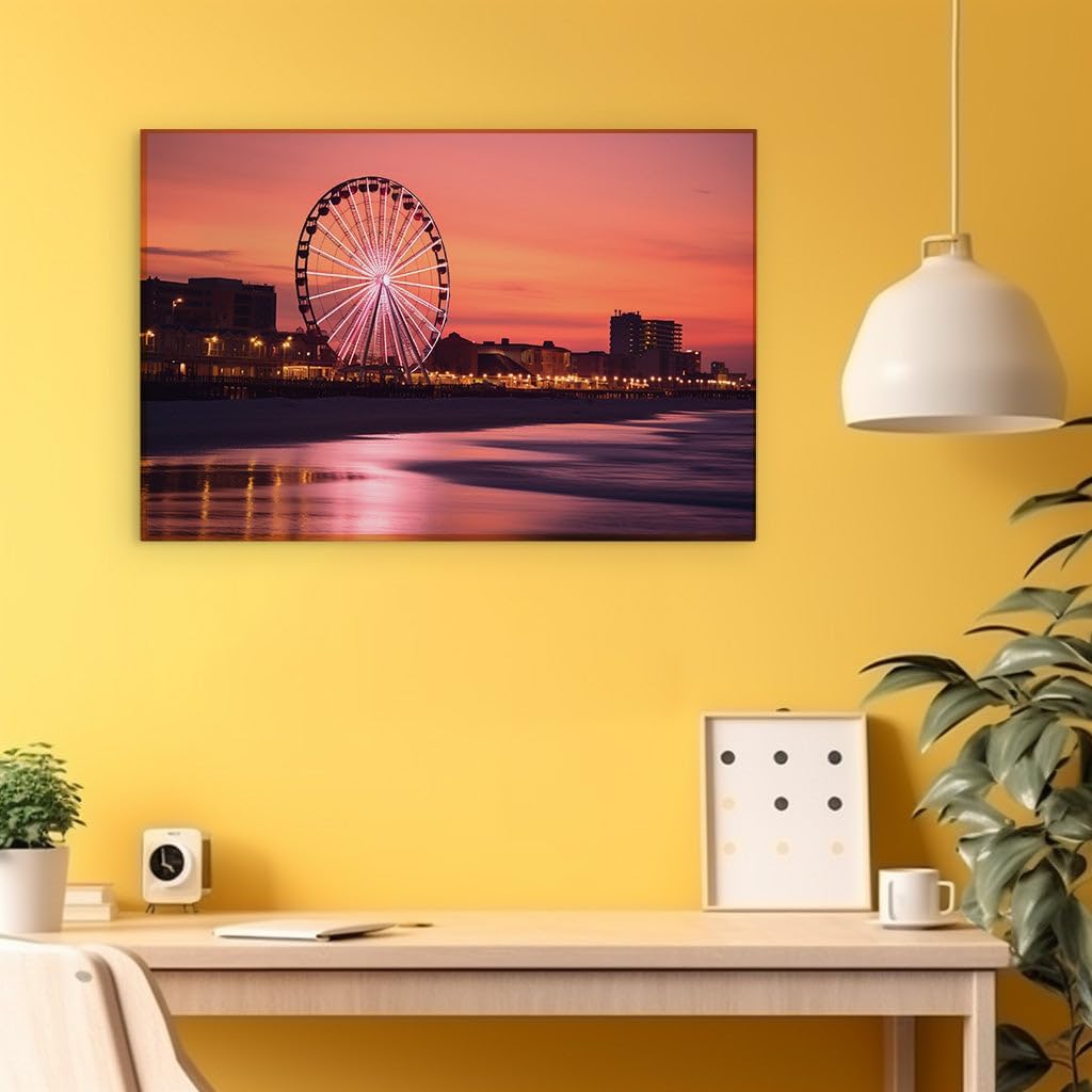 Canvas for Living room. Dusk's Splendor by the Sea: A Ferris Wheel's Glow Meets Serene Shores, 27 x 18 inch Canvas Wall Art - Contemporary Masterpieces - Modern Home Decor
