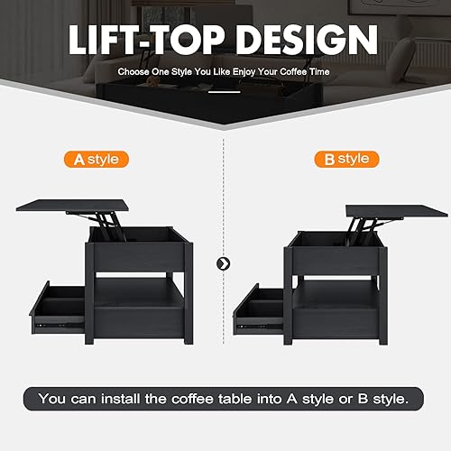 Miniatura 5 de Aufvolr Mesa auxiliar elevable con almacenamiento, mesa de café de 41.7 pulgadas con compartimento oculto, 1 estantes abiertos y 2 cajones para sala