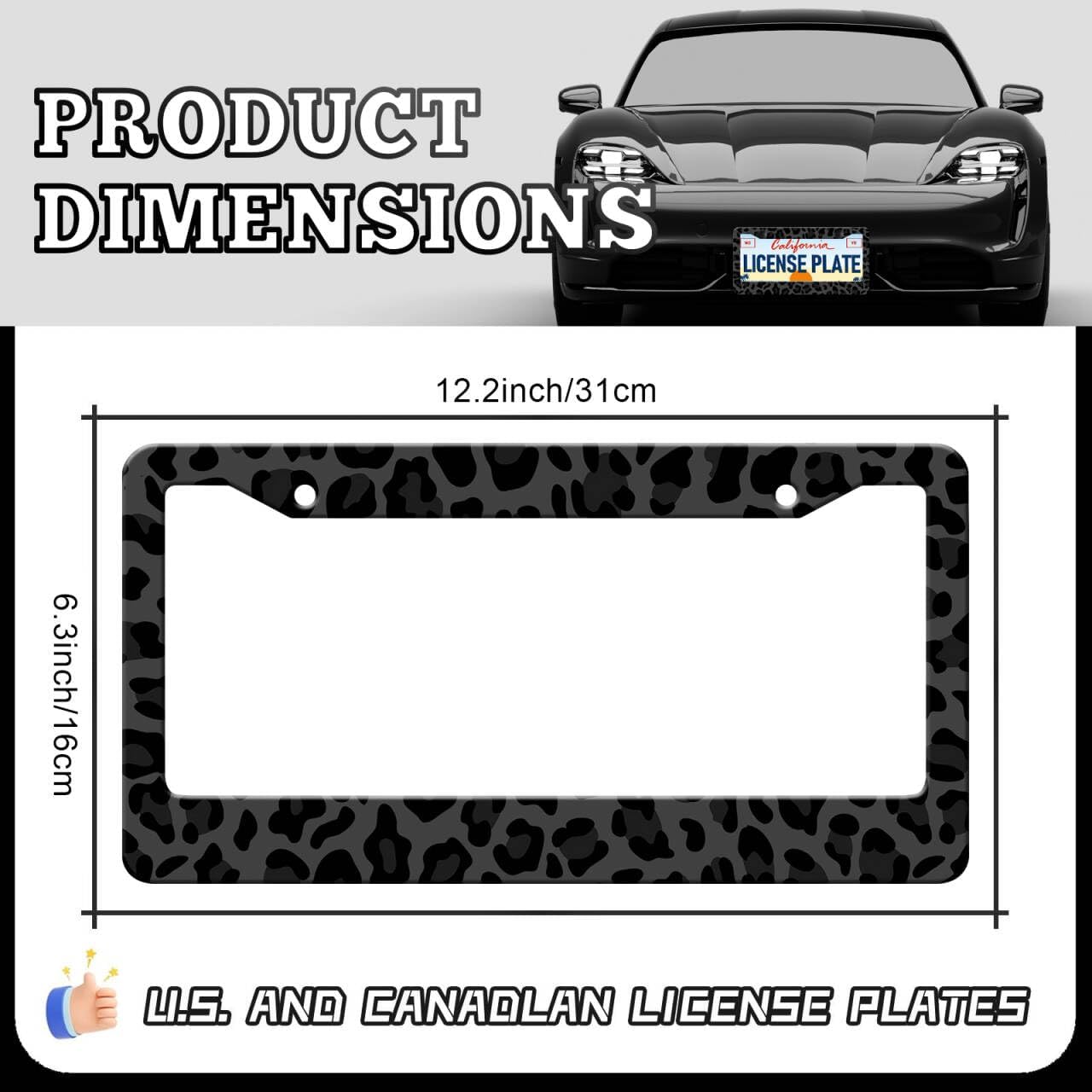 Black Leopard Print License Plate Frame - 2 Pack Animal Leopard Cheetah Print Tags Frames Holder, Car Decorative Tag Frames with Screws Fasteners Caps