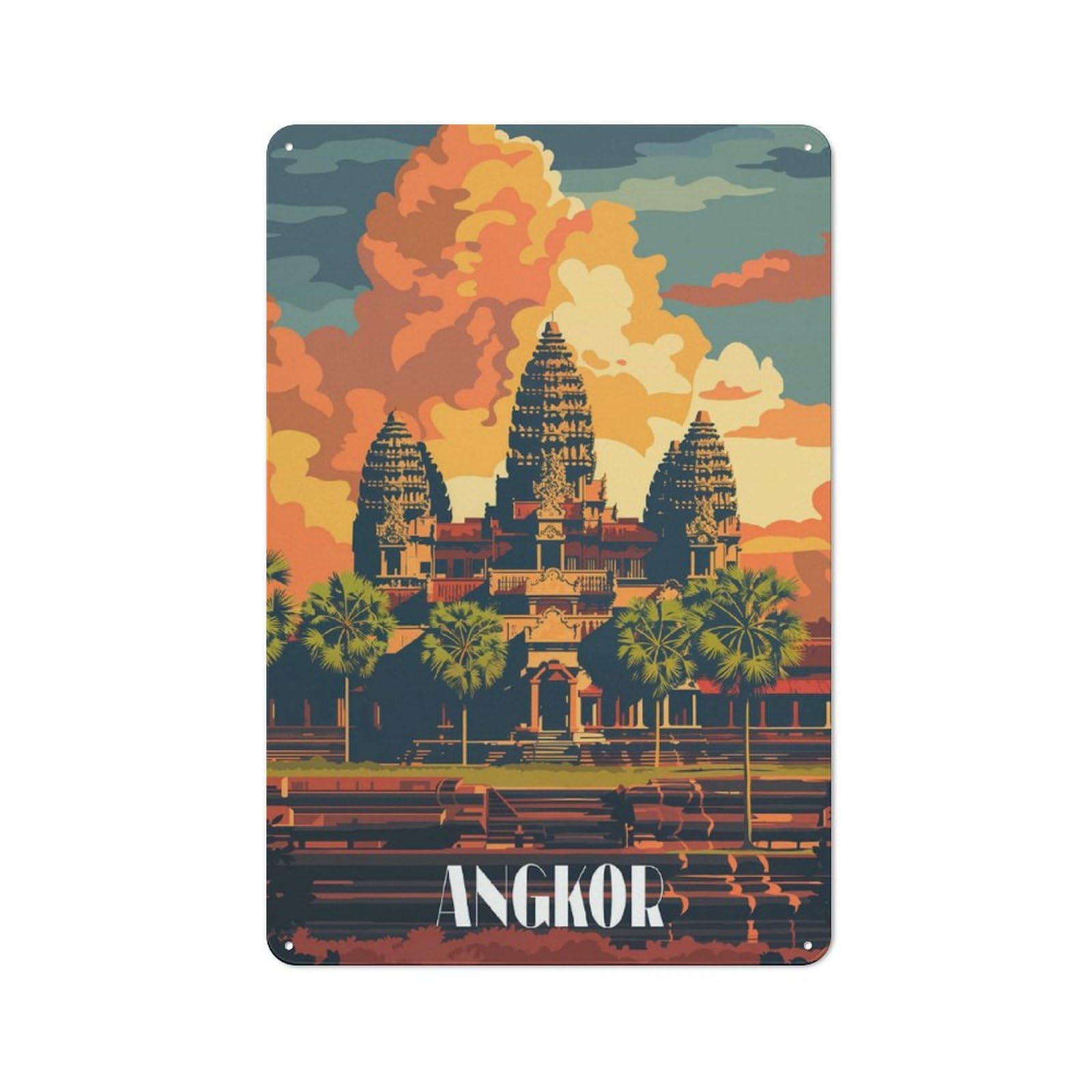 Tin Sign with Majestic Angkor Design 30x20cm, Weathered Look Industrial Wall Art for Workshop, Basement, Shed Or Games Room