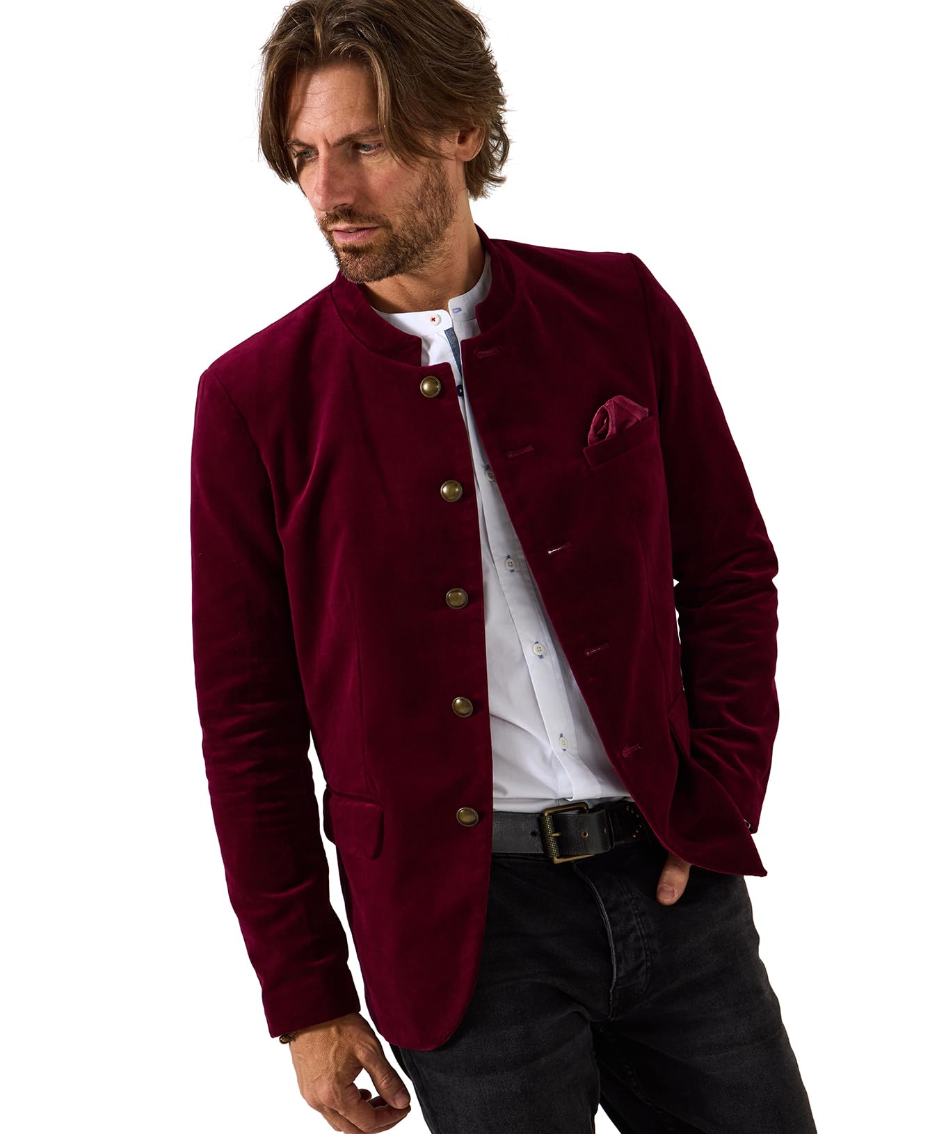 Joe Browns Men's Nehru Collar Statement Velour Jacket, Burgundy, 46