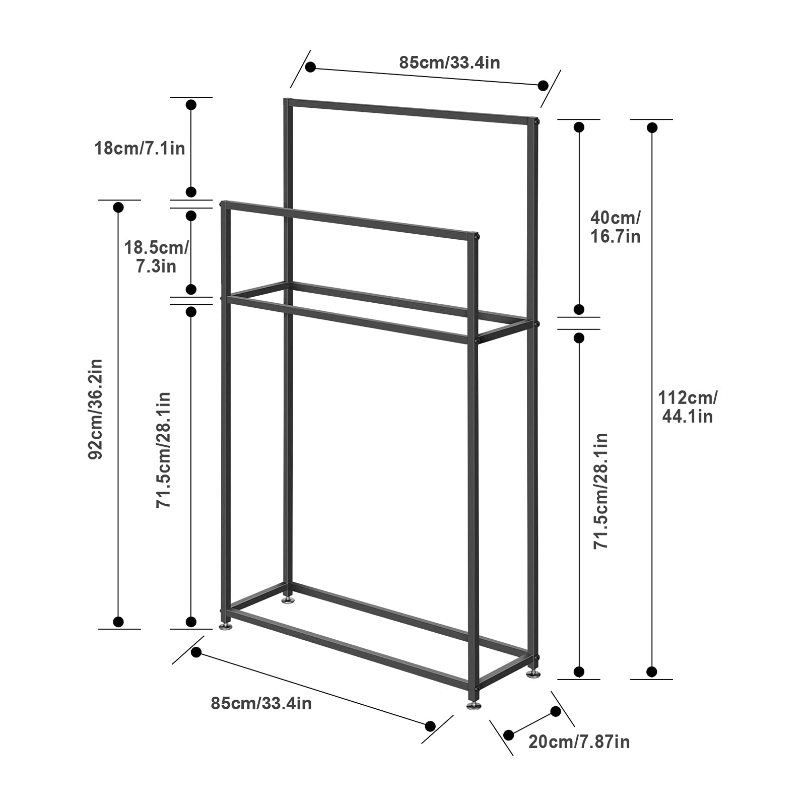 Wing Toallero de pie Negro Metal Toalleros repisa para baño con 2 Barras, Elegante baño toallero en Estilo Moderno, H 110cm,85×20×110cm(L×W×H)