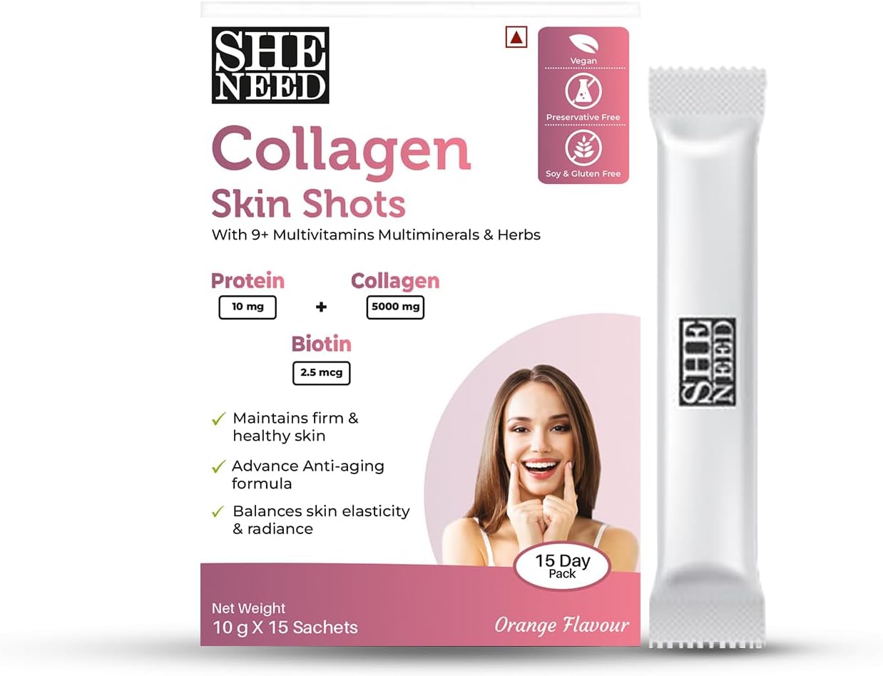 SheNeed Collagen Skin Shot Protein, Collagen & Biotin Enhances Skin Radiance & Anti-Aging - 10g x 30 Sachets