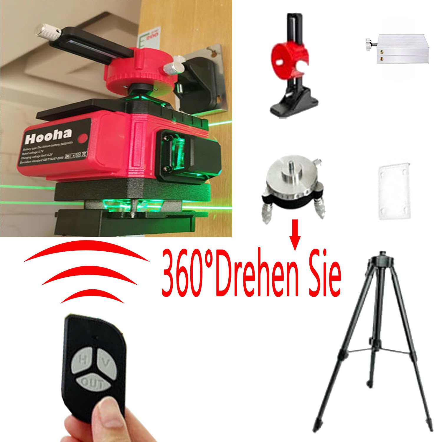 Hooha Kreuzlinienlaser Grün 16 Linien Niveliergeraet Laser 4x360°Kreuzlaser Baulaser Multifunktionaler mit Horizontalen&Vertikalen Linien&100cm Stativ&2Akkus&Fernbedienungen&Praktische Tragetasche