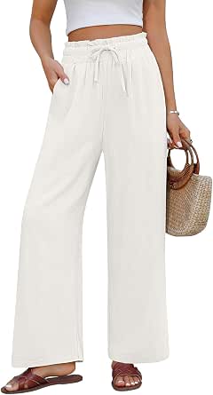 Pantaloni Lino Cotone Donna A Gamba Larga | Vita Alta Con Coulisse E Tasche | Leggeri E Traspiranti Per Estate