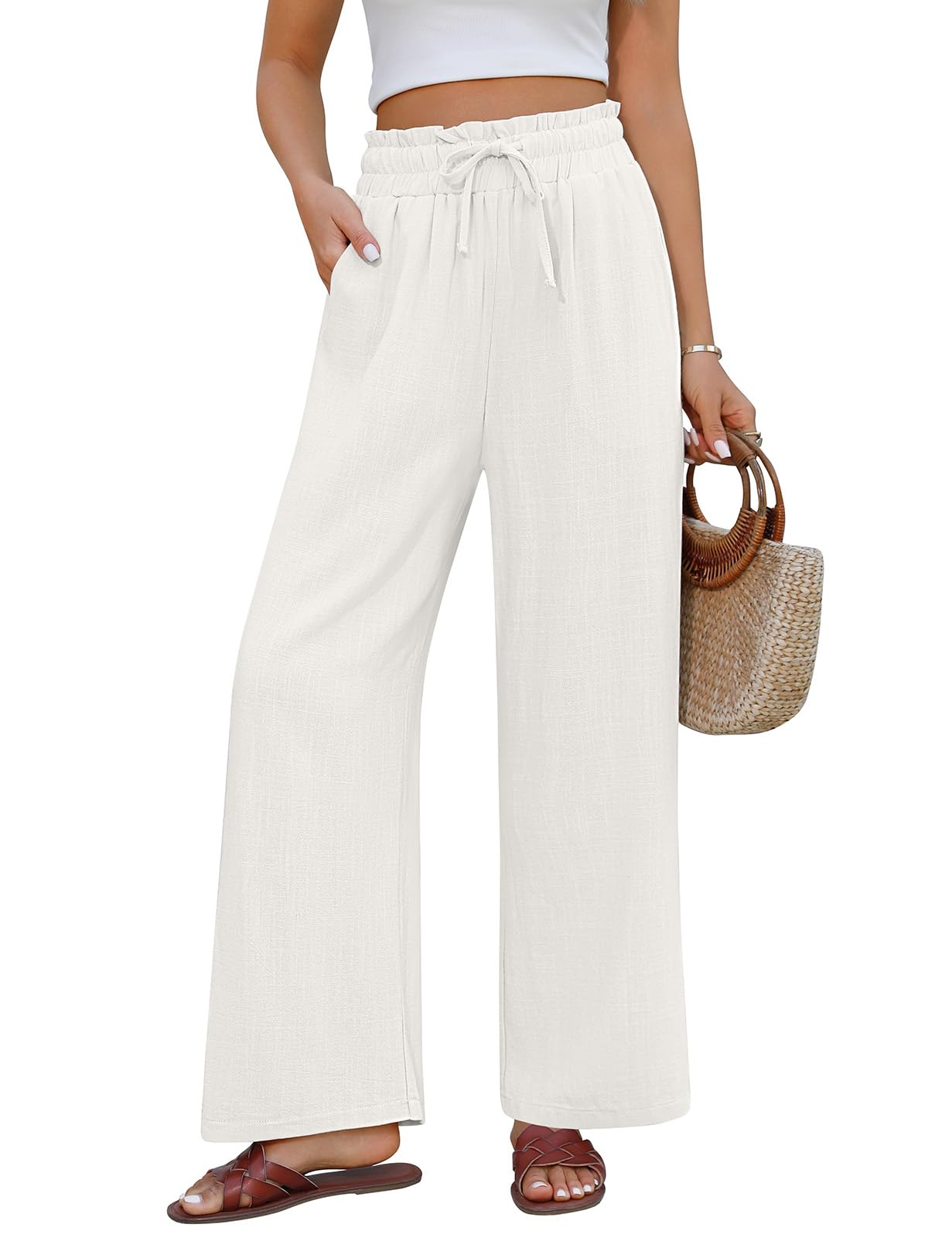 Pantaloni casual da donna, pantaloni palazzo a 3 gambe, elastico in vita, pantaloni larghi e comodi, tasche, pantaloni in lino da donna, taglia piccola, cachi., S