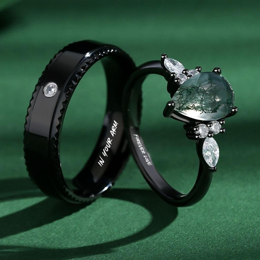 Moss Agate Rings for Couples, Custom Engraved His and Hers Ring Set, Stacking Women's Ring with Black Matching Band