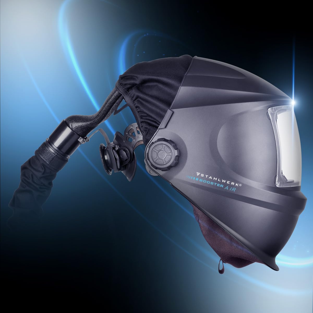 STAHLWERK Automatik-Schweißhelm 3-in-1 Booster AIR – Schweißerhelm mit Frischluftzufuhr, PAPR-System, True-Colour-Technologie, Jobspeicher, automatische Abdunkelung DIN 4-13, optische Klasse 1/1/1/2